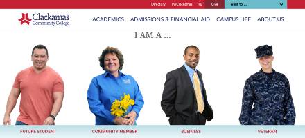 A website featuring different audience members (Student, Community Member, Business Owner, Veteran) and a navigational header