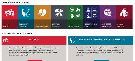 A webpage navigation featuring several focus areas of study, broken down by a variety of colors